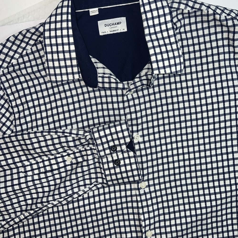 Duchamp London Tailored Fit Blue White Check Dress Shirt‎ Mens 17 1/2 -40 XL